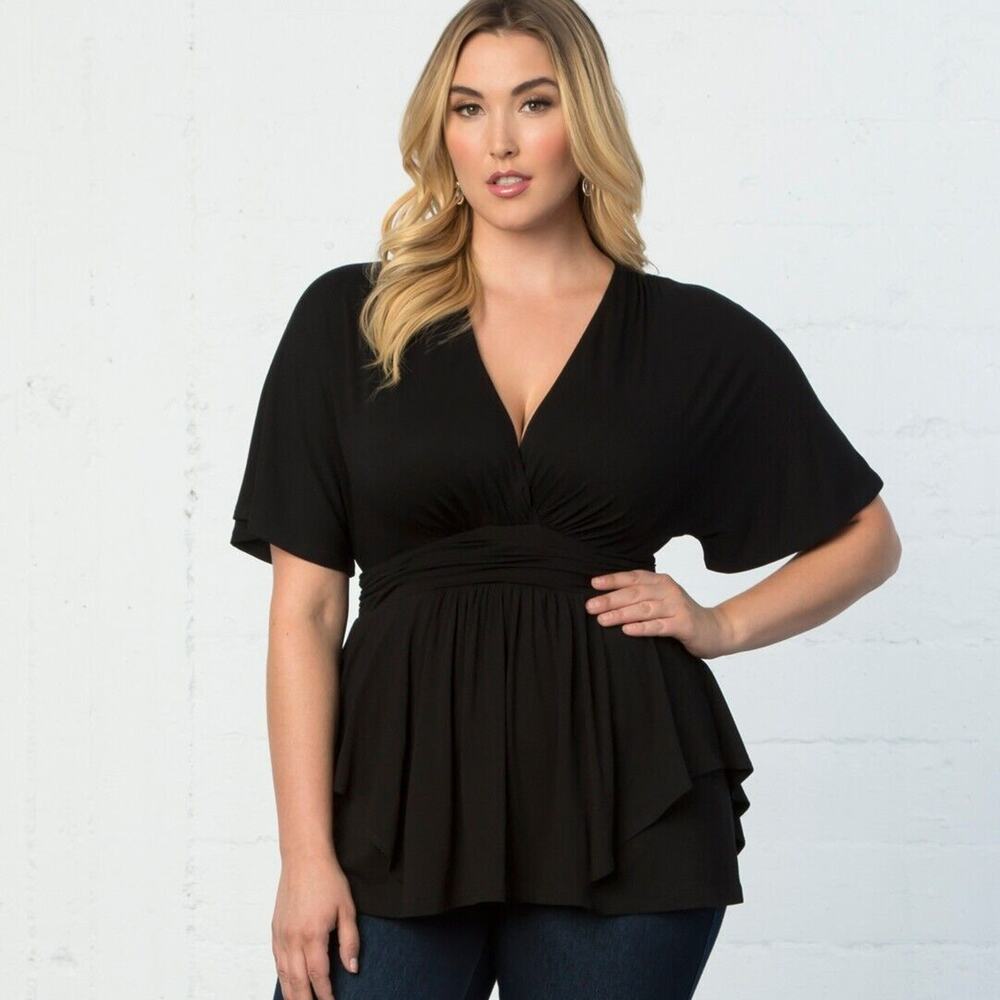Kiyonna Top Promenade Style 1X Black Flutter Sleeves Empire Waistline Slimming